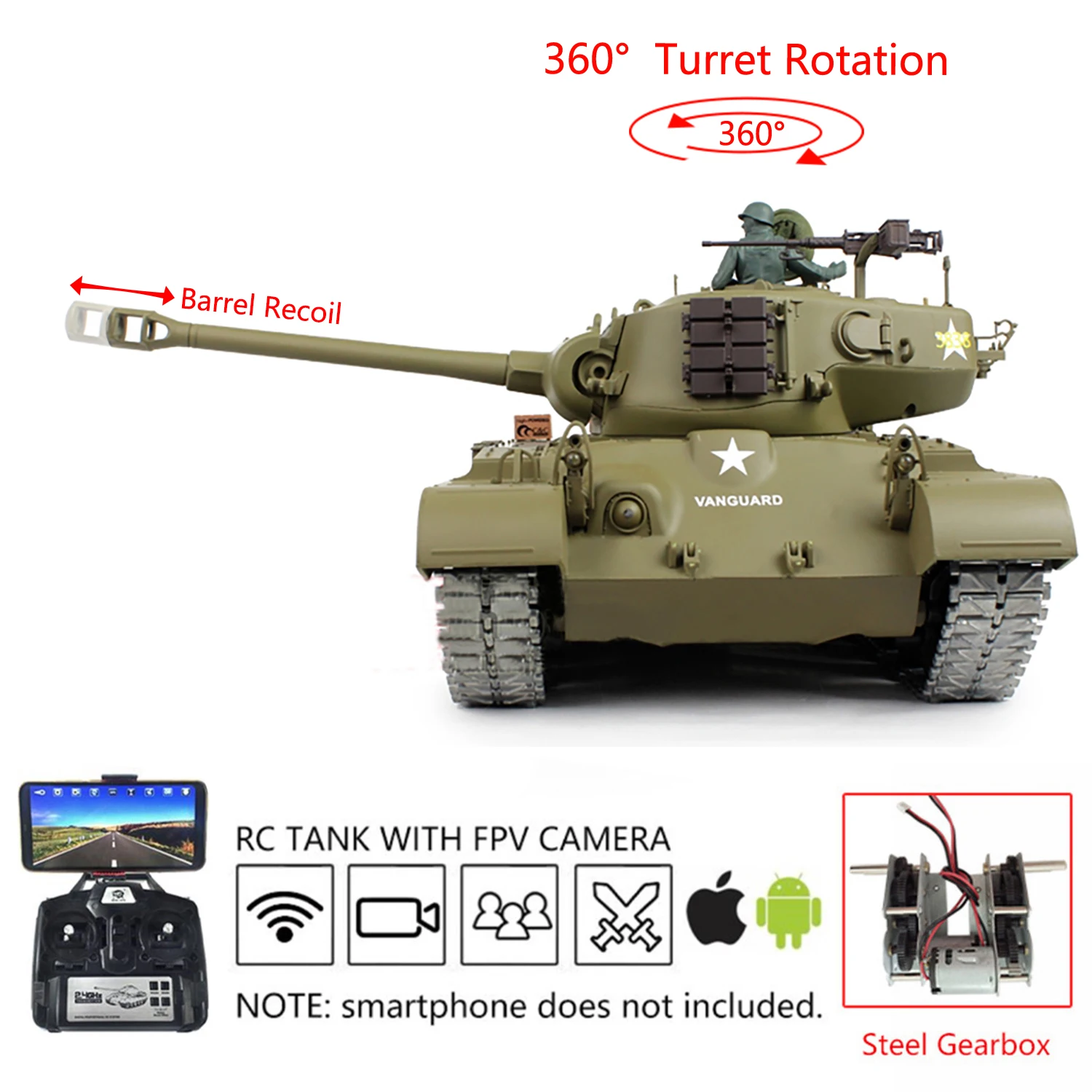 HENG LONG FPV-functie 1/16 7.0 Moederbord M26 RC Tank 3838 360 °   Torentje Stalen Versnellingsbak Vat Terugslag Licht Geluid Soldaat TH20327