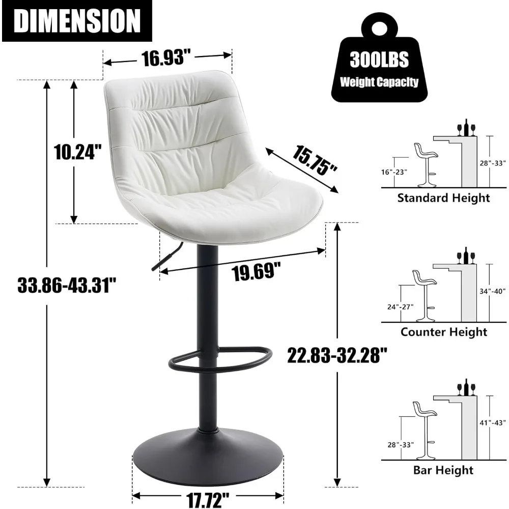 Conjunto de 2 bancos de bar ajustáveis, cadeiras de bar giratórias de couro sintético branco, bancos de bar estofados traseiros carregam até 300 libras