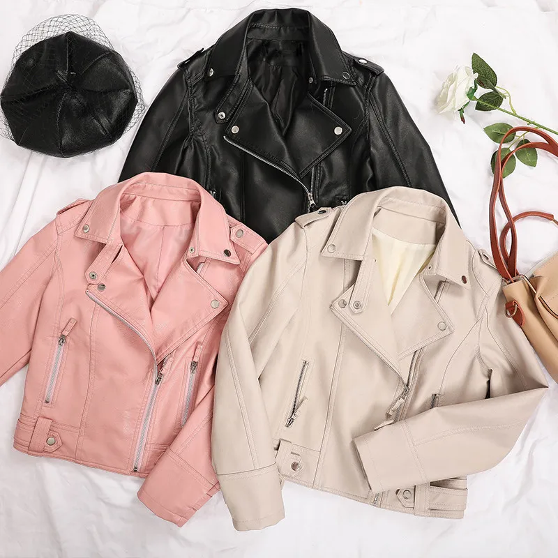 Women Faux Leather Jacket Beige Casual Slim Motorcycle Biker Leather Coat Female Punk Streetwear Jackets Cool