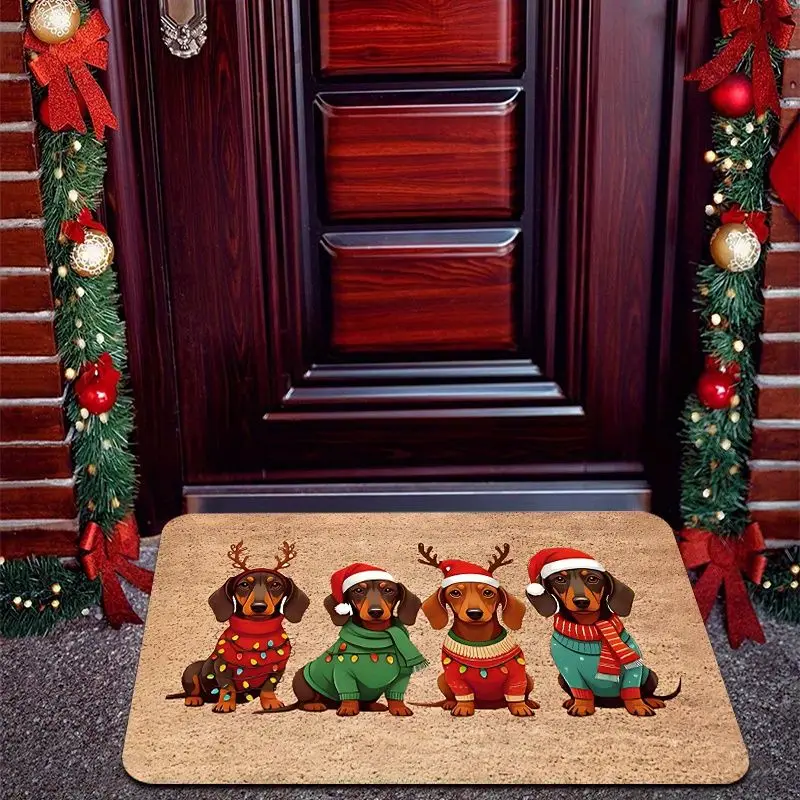 VIKAMA Dachshund Christmas Door Mat Four Dogs Non Slip Welcome Rug For Entryway Front Door Porch Pet Lover Xmas Decor