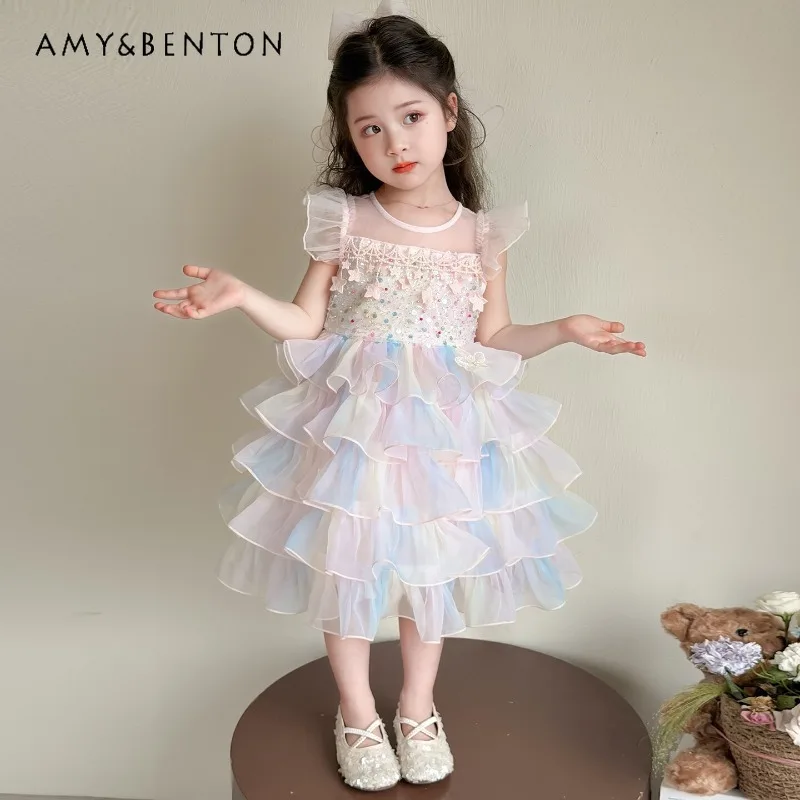 

2026 Girls' Rainbow Ombre Tiered Tulle Dress Sparkly Ruffle Princess Dress for Birthday Party Performance Vacation Kids Clothes