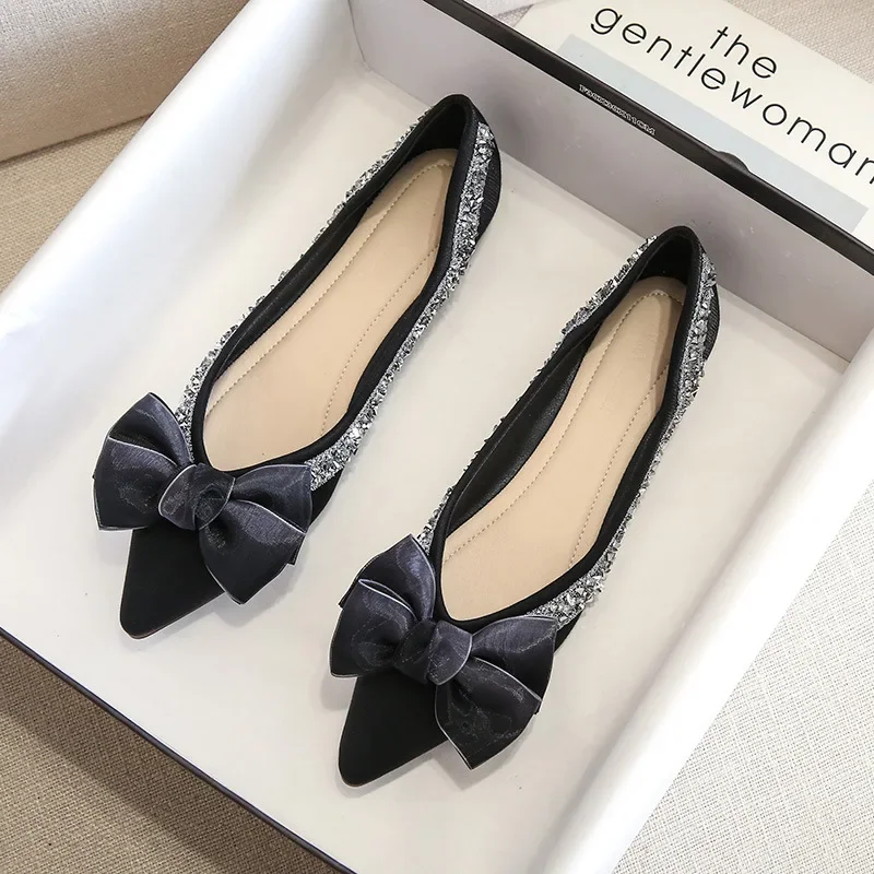 

Size 34-43 Spring Autumn Womens Flat Single Shoes 2024 Europe and America Elegant Bowknot Pointed Toe Shallow Mouth Ladies Shoes