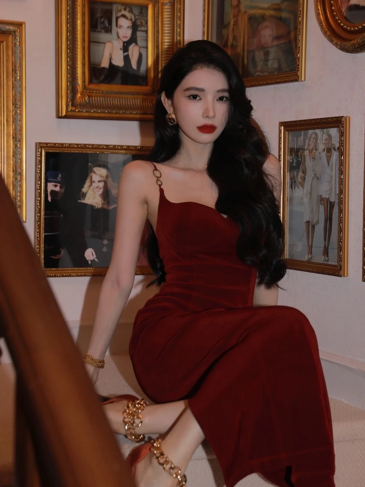 

Высококачественное бархатное облегающее платье Red Cisas, новогоднее женское платье Ele, винтажная длинная юбка на бретельках для женщин