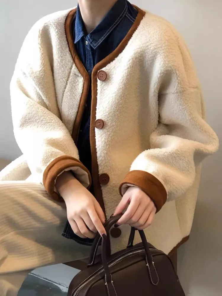 

Autumn Winter Vintage Contrast Color Lamb Wool Women's Jackets Chic Single Breasted Loose Warm Outerwear Female Plush Coat