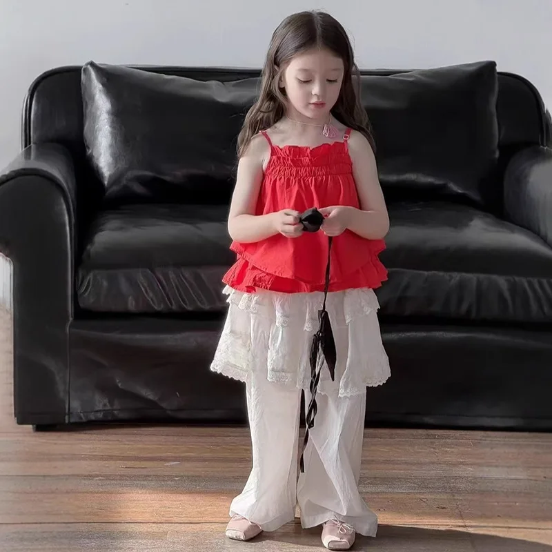 

Girls Set 2025 Summer New Childrens Wear Korean Style Baby Girl Red Halter Top Cake Lace Fart Curtain Pants Two-piece Set