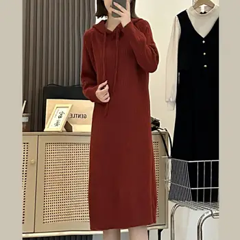 2024年新款女士休閒加厚保暖針織連身裙,帶帽純色長袖波西米亞風連身裙,秋季時尚女裝 X614 6 最佳銷售 冬季女裝 - №2