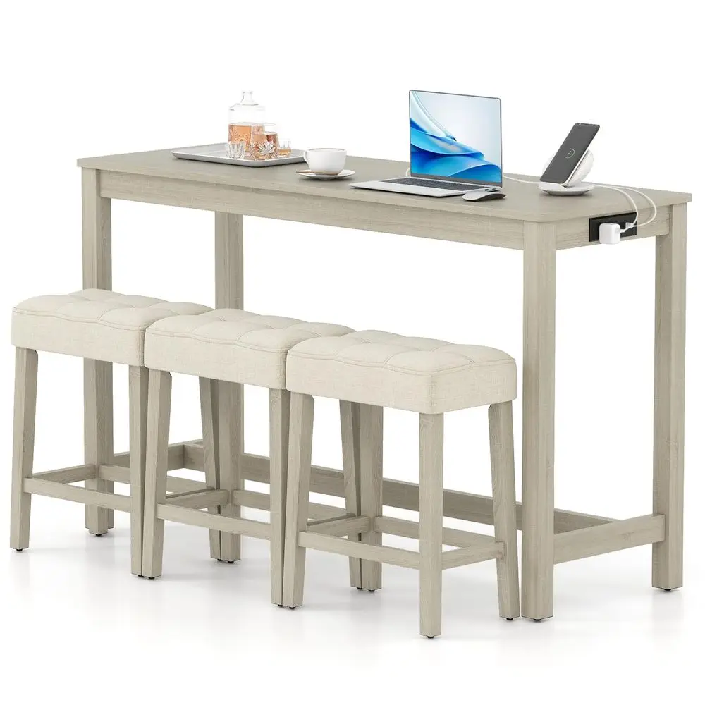 

4Pieces Bar Table Set with Charging Station, 59inches Dinner Tables with 3 Padded Stools, Adjustable Foot Pads, SpaceSaving Din