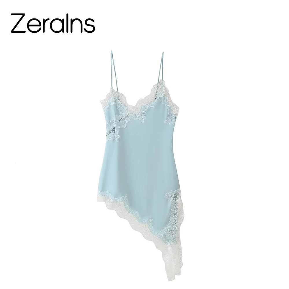 ZERAINS 2025 estate nuove donne abbigliamento piccante stile ragazza slim fit temperamento pizzo asimmetrico raso trama vestito della bretella
