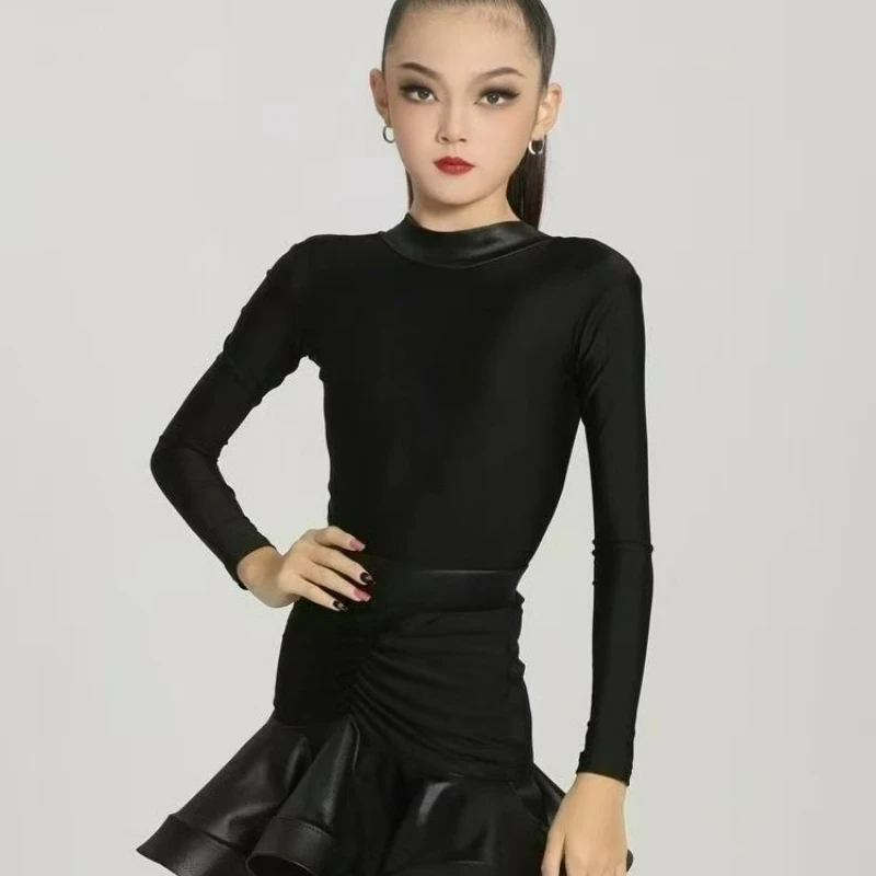 مجموعة ملابس الرقص اللاتينية السوداء للفتيات تنورة شبكية بأكمام طويلة للأطفال سامبا تشا تشا ملابس التدريب على المنافسة #4