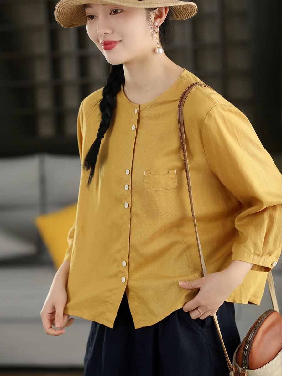 

Ретро-рубашка-жакет из льна в весеннем стиле с круглым вырезом, рукавом 3/4, на одной пуговице, кардиган-накидка, верхняя одежда для женщин