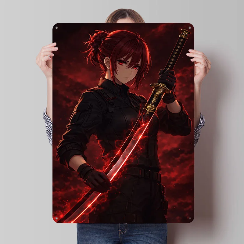 Crimson Blade Resolve Affiche en fer blanc, Art mural personnalisé, Panneaux métalliques vintage, Plaque en fer blanc rétro pour la décoration de chambres, de bureaux et de maisons