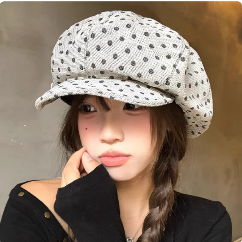 

Корейский женский берет в горошек из жаккарда, весенне-осенний, в литературно-художественном стиле, универсальная восьмиугольная кепка-газетчица большого размера