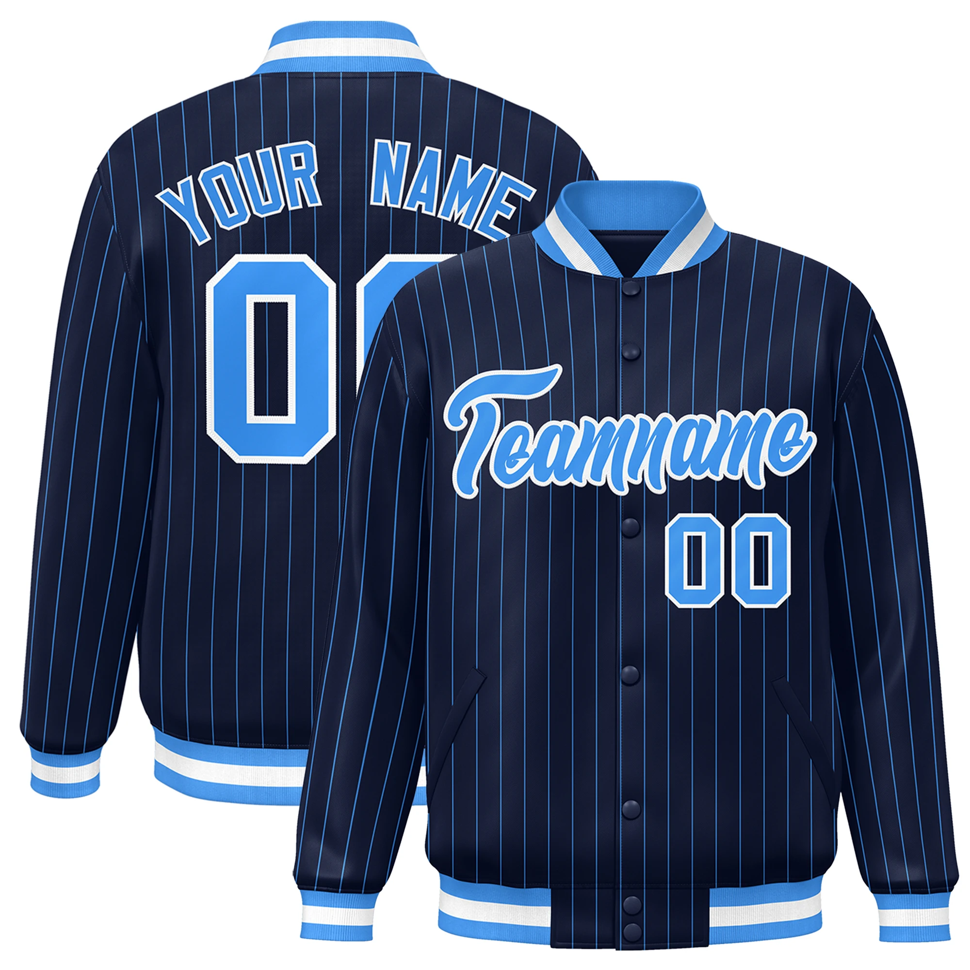 Custom Baseball Jacket Pinstripe Full-Snap Stitched Text Number Logo Varsity Letterman College Baseball Coat