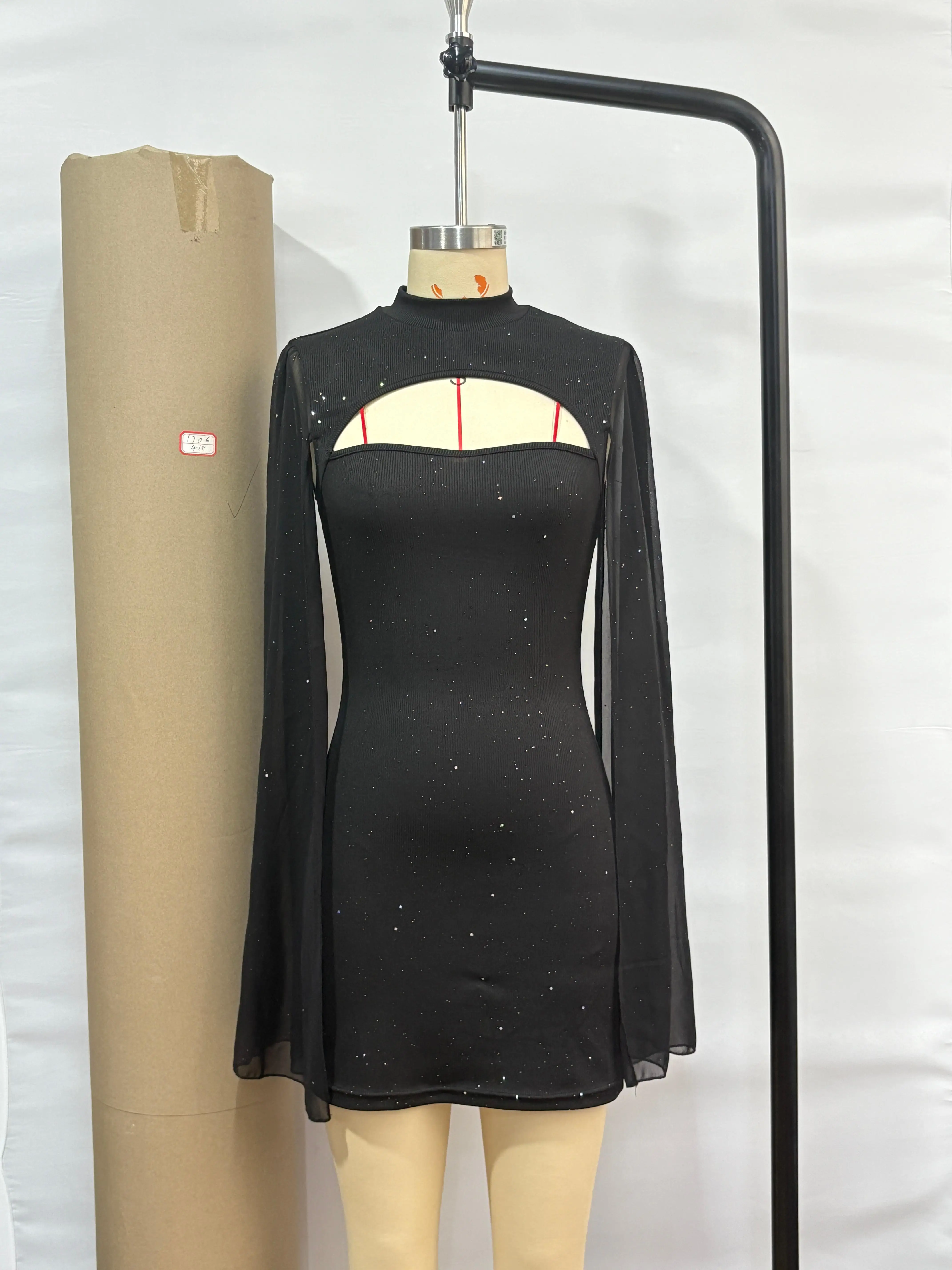 Fashion Long Sleeve Dresses for Women Black Stand Collar Women Dress Slim Package Hip Dress Women Vestidos De Verano Mujer Q497