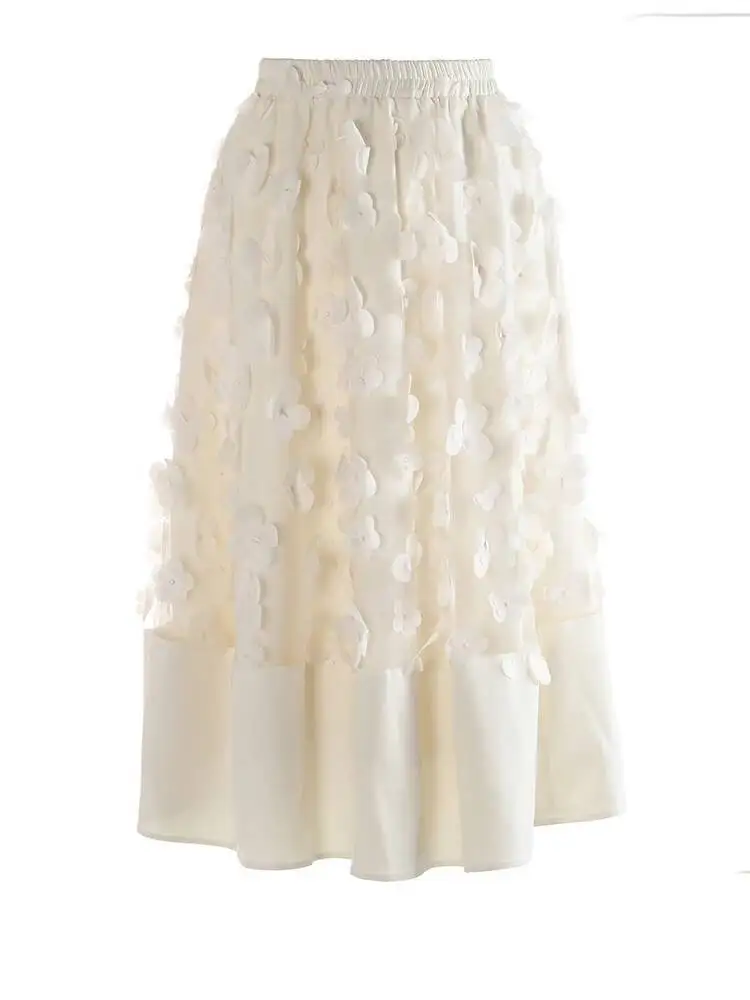 

High Elastic Waist Black 3d Flower Spliced A-line Half-body Skirt Women Fashion Tide New Spring Autumn