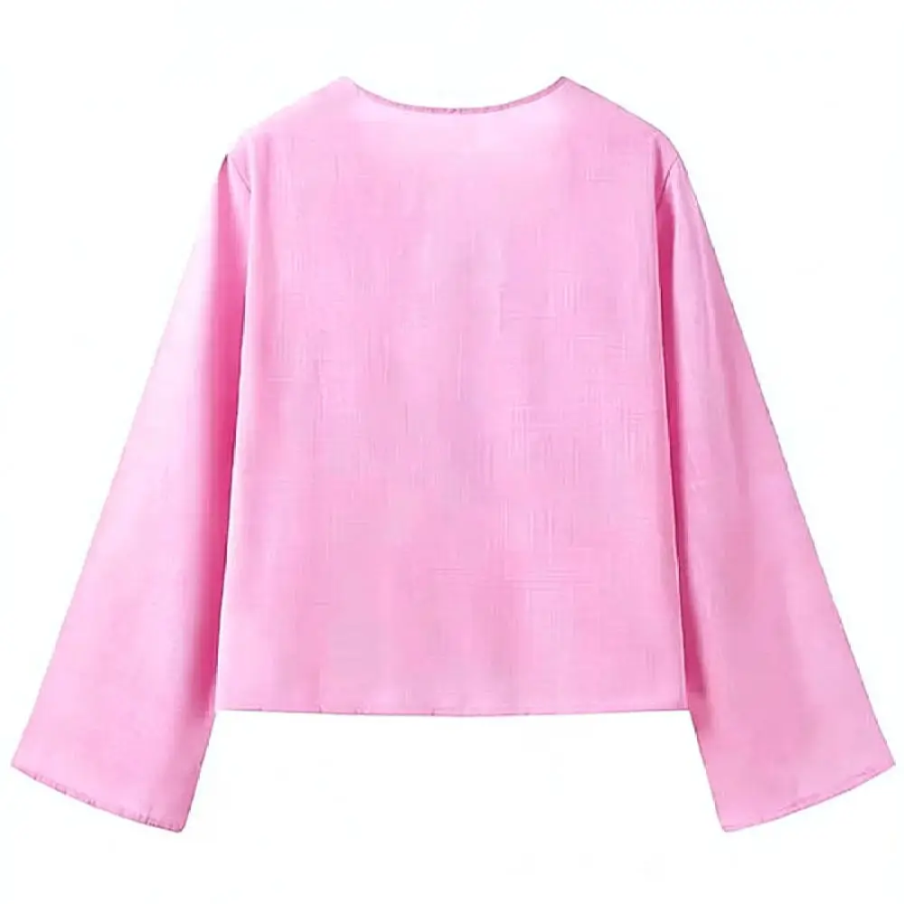 Autumn Women Casual Shirt V Neck Lace Up Cardigan Flare Sleeve Solid Color Slim Fit Elegant Trendy Office Blouse