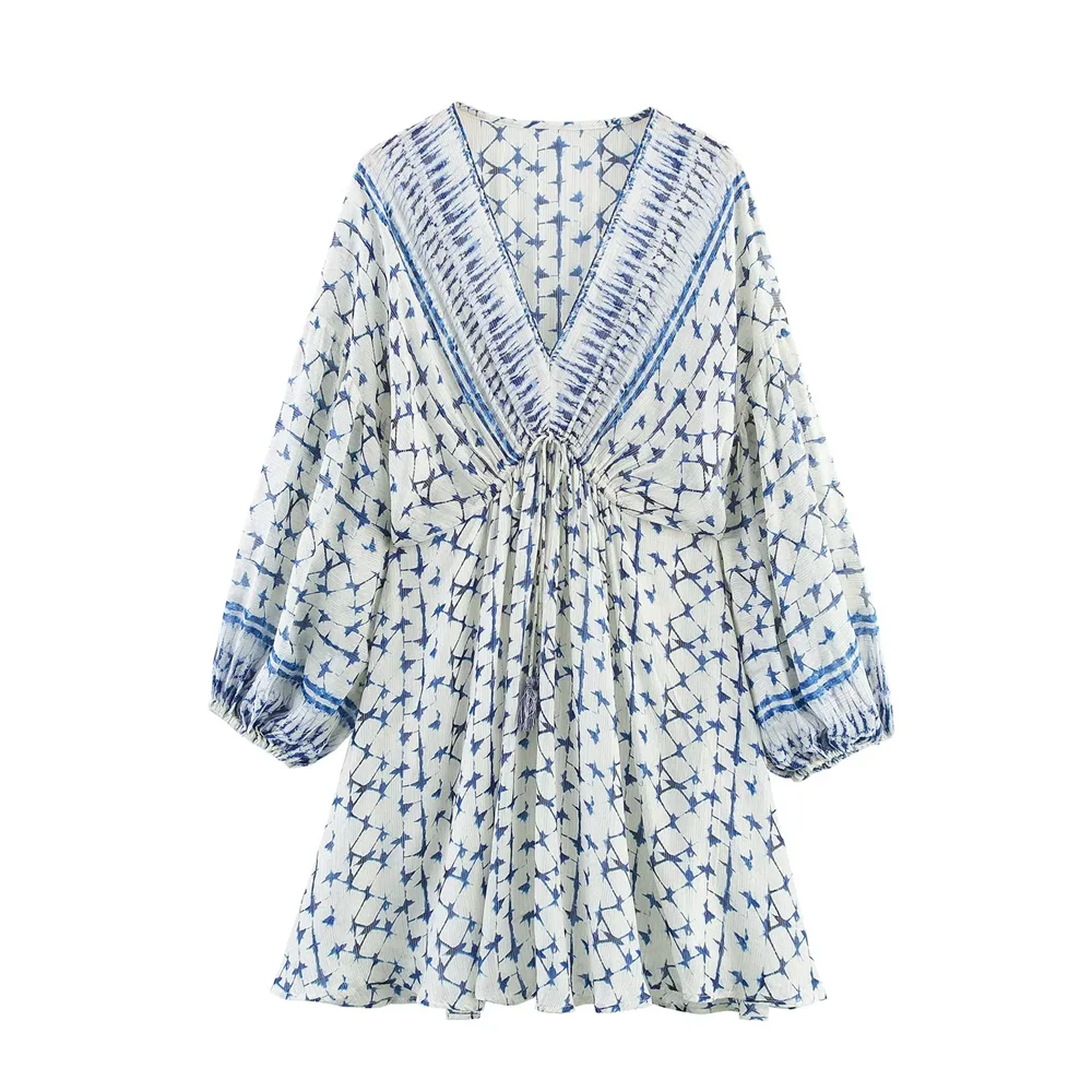 BM & MD & ZA2025 خط ذهبي مطبوع على شكل حرف v وأكمام طويلة فستان فضفاض غير رسمي متعدد الاستخدامات تنورة قصيرة ملابس نسائية صيفية جديدة #1