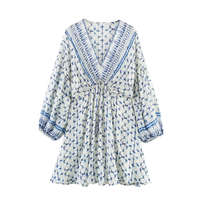 BM&MD&ZA2025gold line printed V-neck long sleeve loose casual versatile dress short skirt summer new women's clothing