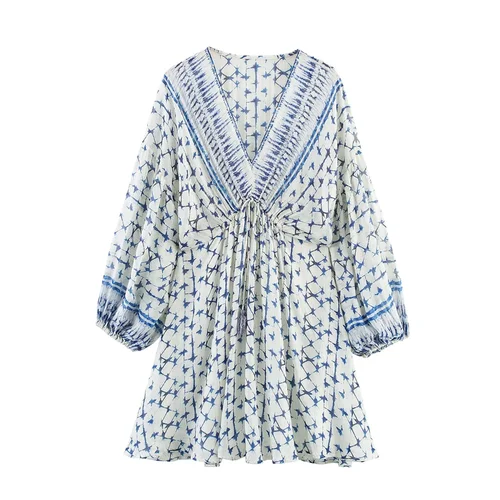 BM & MD & ZA2025gold línea impresa cuello pico manga larga suelta casual versátil vestido Falda corta novedad de verano ropa de mujer