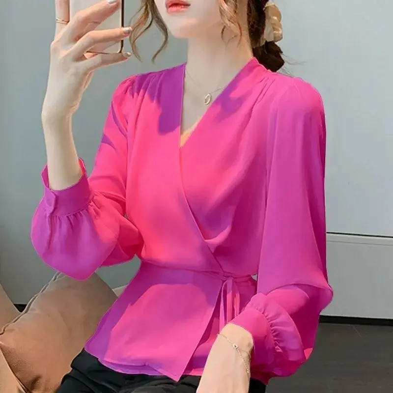 Office Lady Solid Color Elegant V-Neck Patchwork Blouse Spring Autumn New Long Sleeve Sashes Bandage Stylish Casual Button Shirt