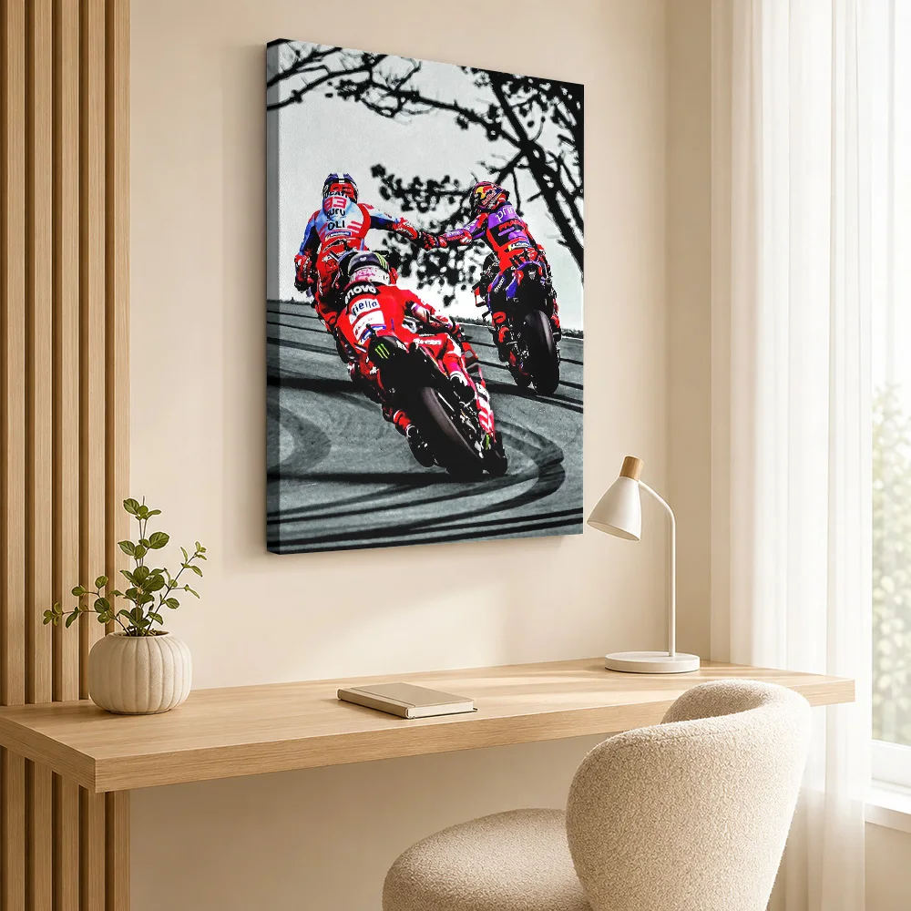 Bagnaia And Martin MotoGP Duel Framed Canvas Poster Bold Action Design Wall Art With Personalized Photo For Study Ideal Fan Gift