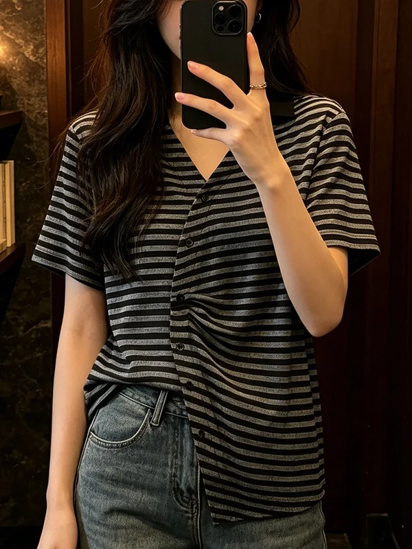 

plus Size Women's Fashionable Striped V-Neck Shirt Loose Slimming Versatile Top Korean Style Summer New Arrival Commute Wind