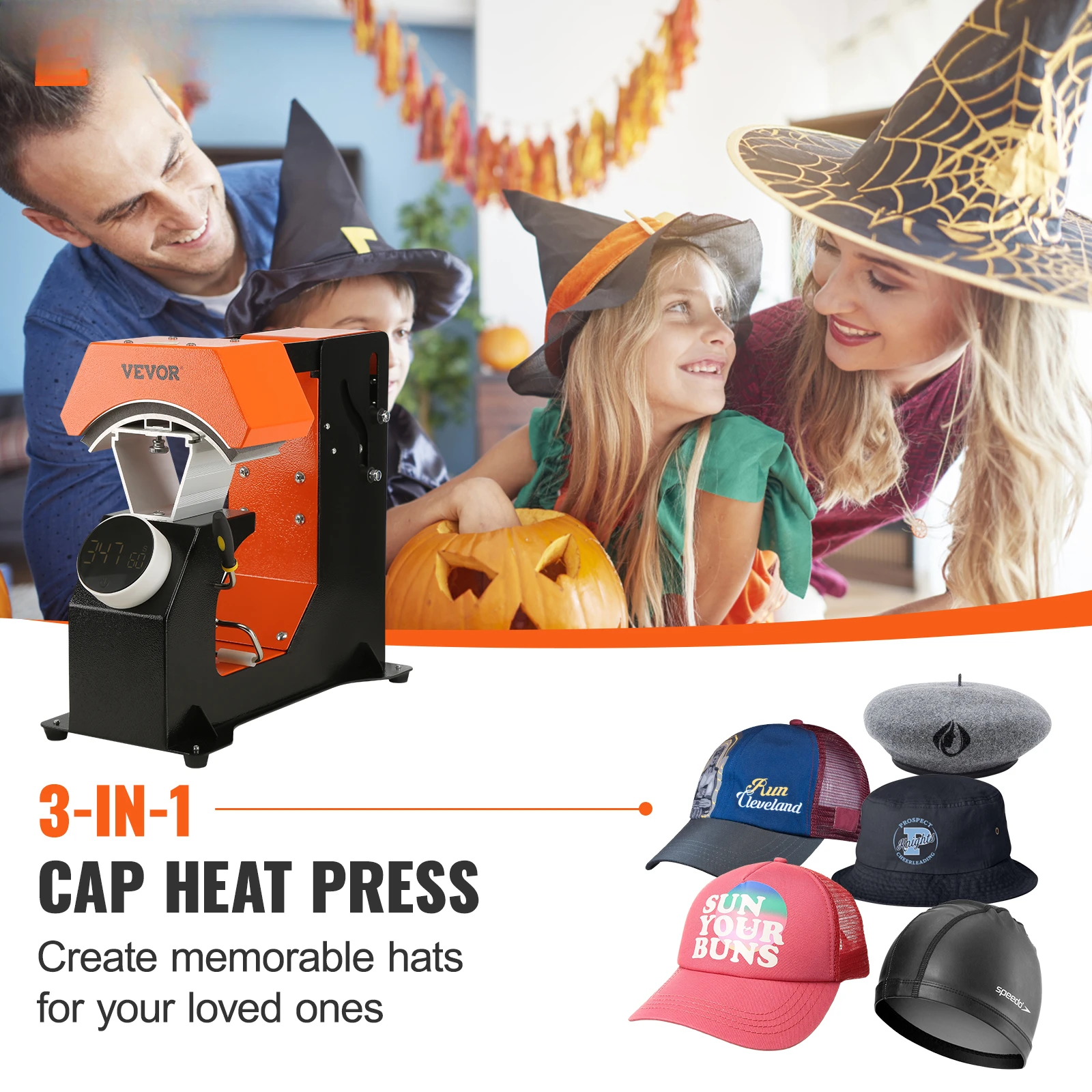 Auto Hat Cap Heat Press Machine 6.4x3.5in Press Knob Clamshell Sublimation Transfer w/ 3pcs Replaceable Heating Pad