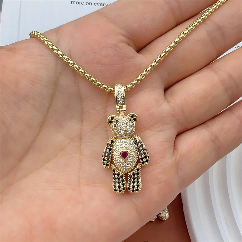 2023 New Hot Sale Cute CZ Teddy Chunky Big Crystal Bear Heart Charms For Women CZ Rhinestone Necklace Gold Plated Jewelry Gifts