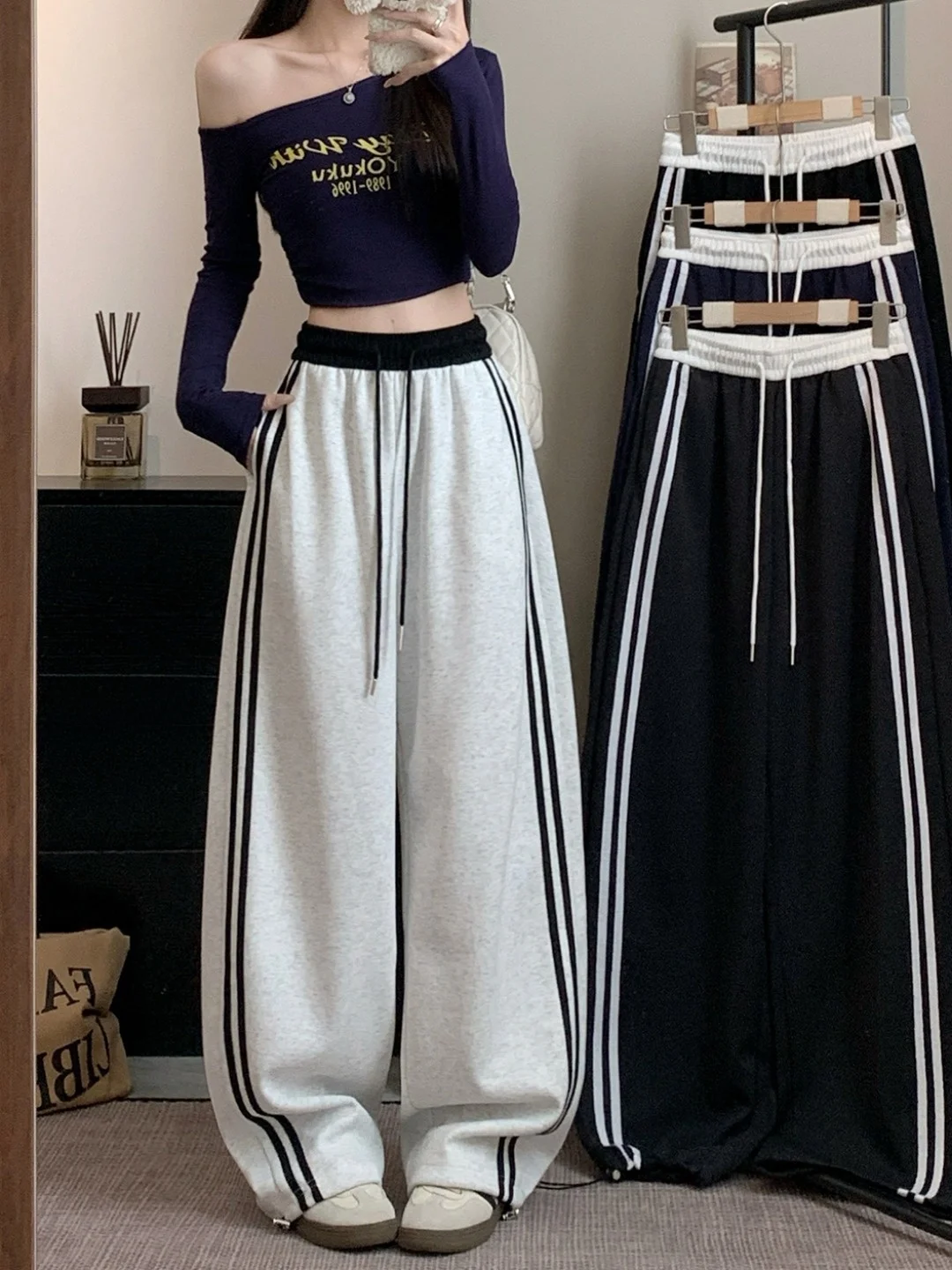 Color Block Drawstring Elastic Waist Casual Pants Women's Autumn Sports Sweatpants Lazy Style Straight Leg Floor Length Pants...