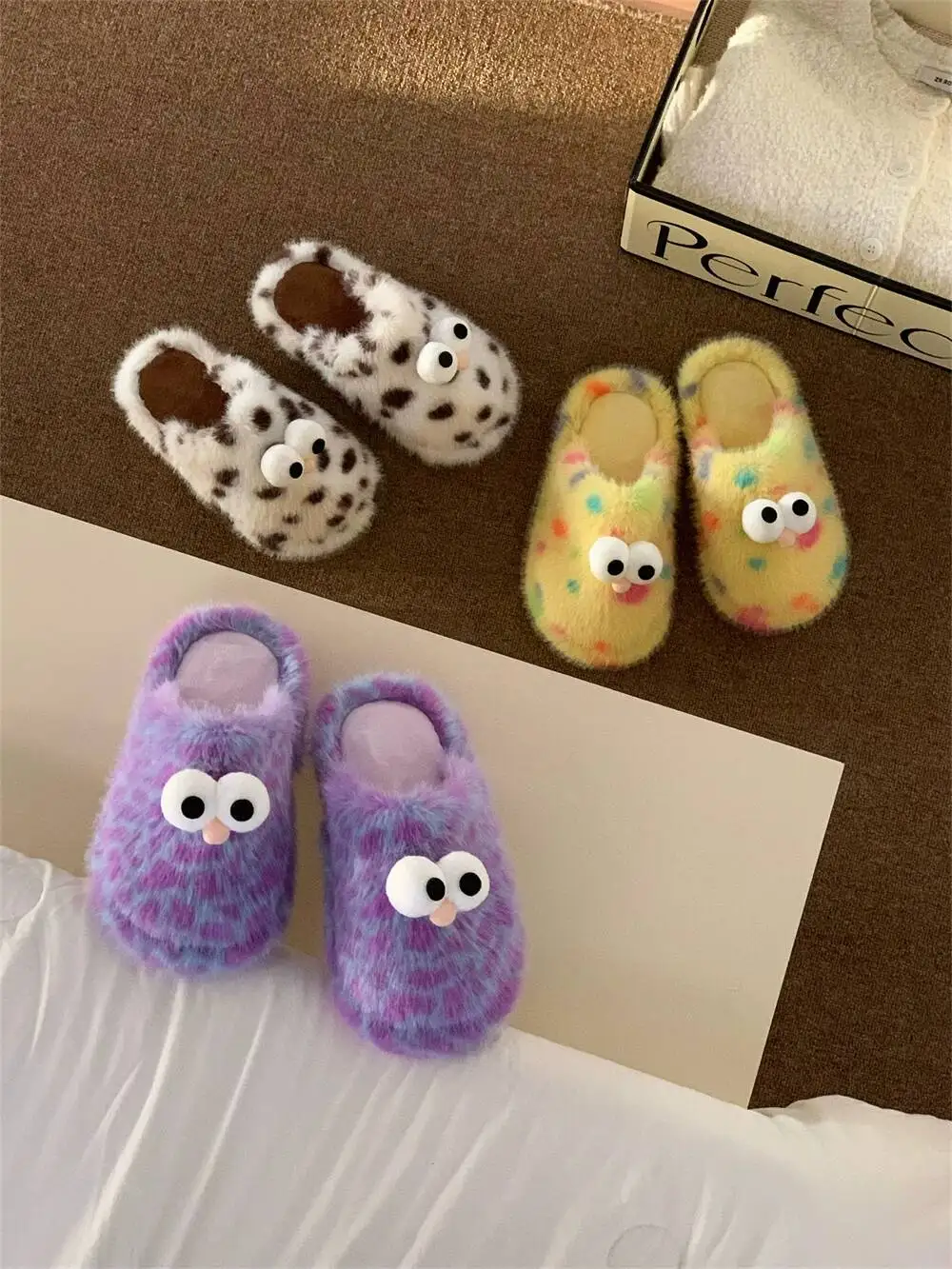

2026 New Women Winter Fluffy House Slippers Unique Big Eye Color Block Design Soft Comfort Anti Slip Plush For Indoor Daily Wear