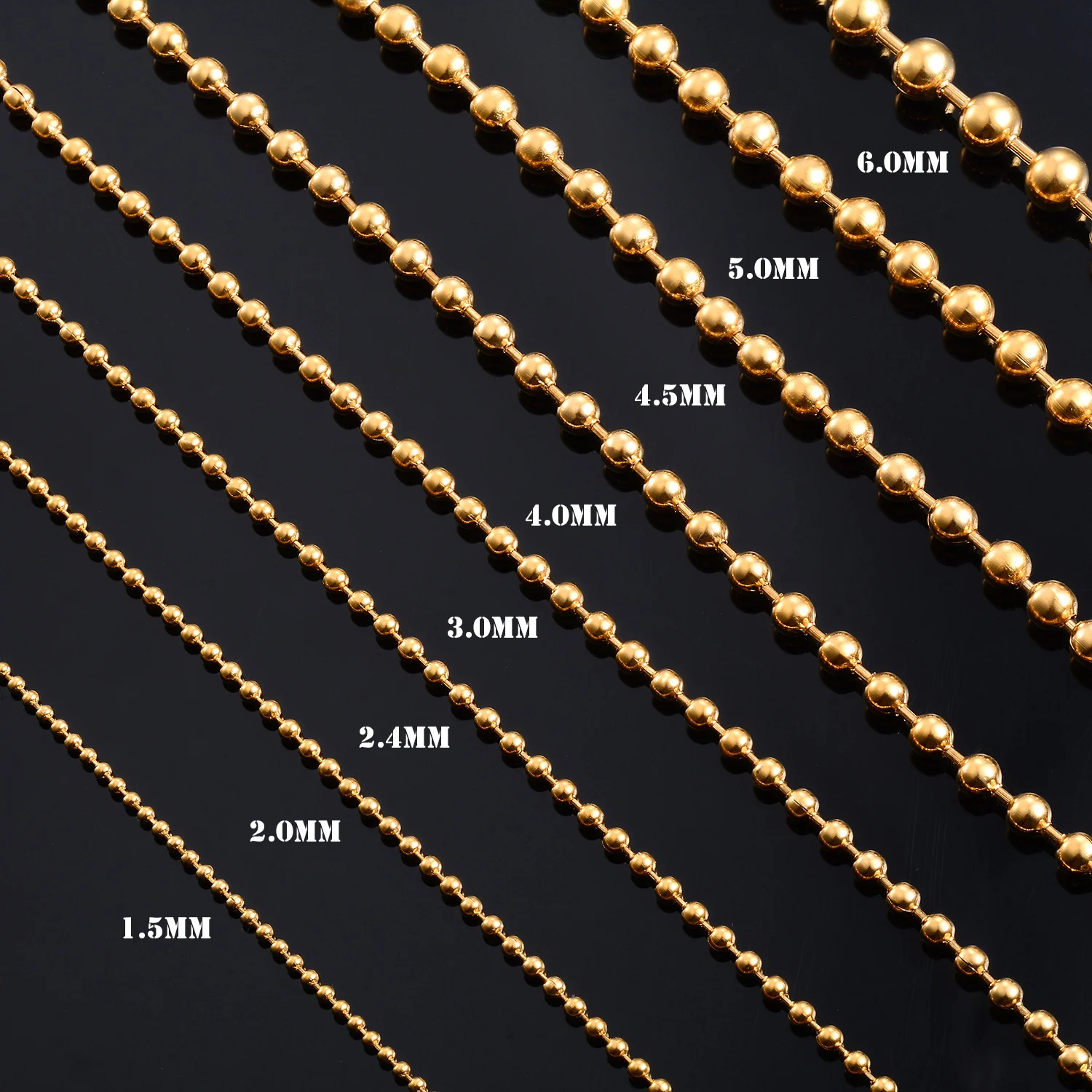 Goldfarbenes rundes Perlenarmband 1,5mm-4,0mm Edelstahl-Kugelketten-Fußkette Modischer Schmuck zum Stapeln für Damen und Herren – Detail 4