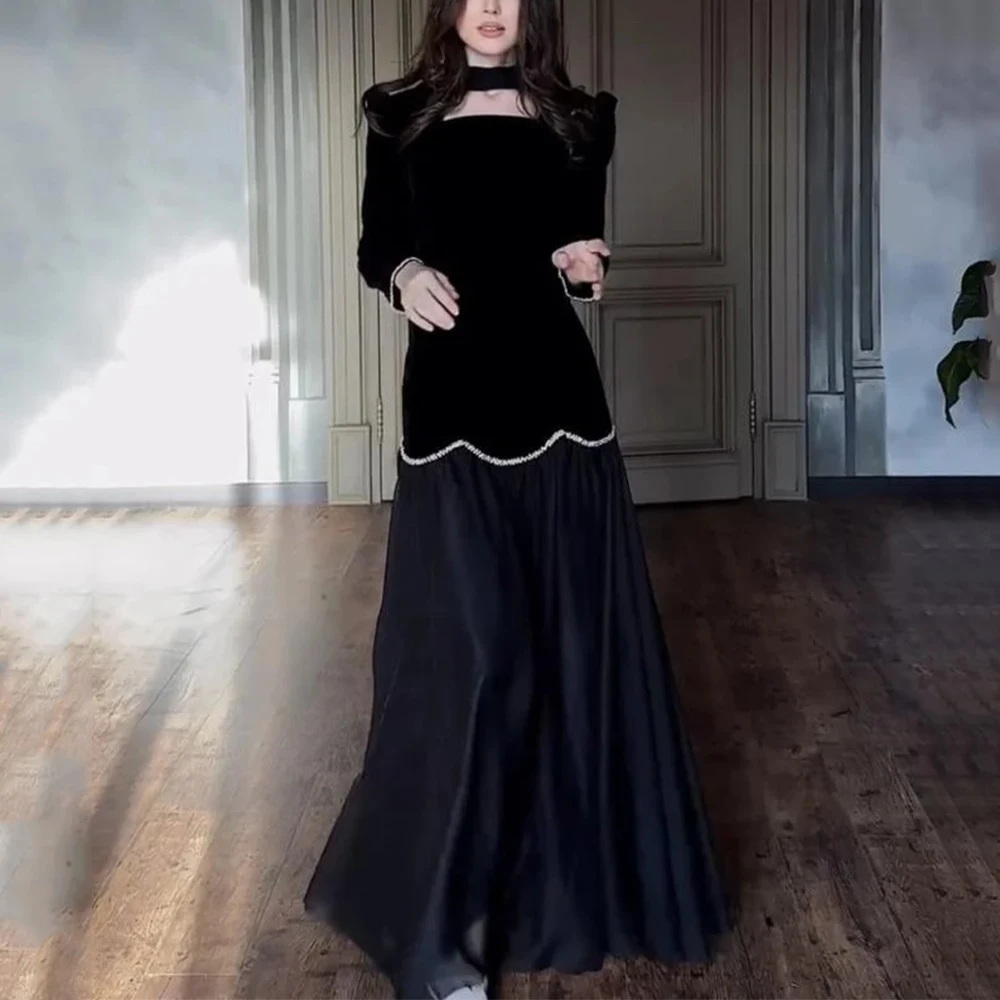 

Black Square Collar Customized Evening Dress Classic Long Sleeve A-Line Floor Length Beaded Women with Scarf Velour Gowns