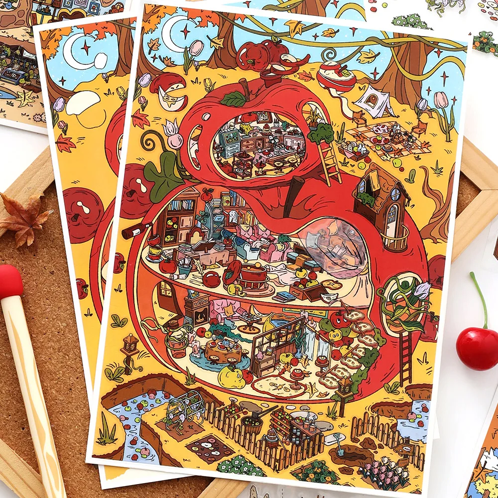 Kawaii 3D Cartoon Apple Tree House Deep Sea Study Miniature Scene Stickers DIY Handmade Stacking Fun Landscape Stickers
