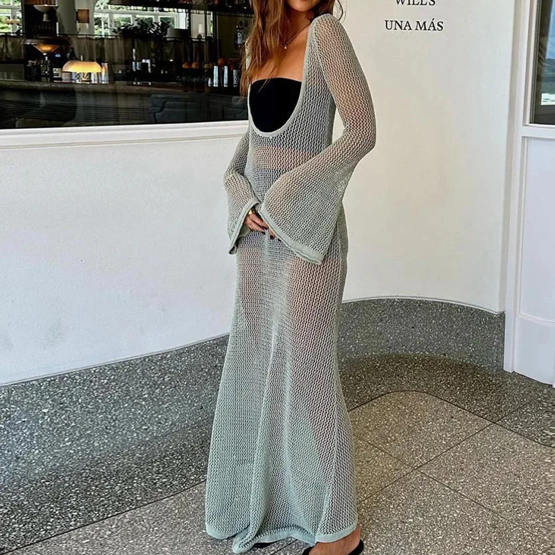 JINIA New Style Gestricktes, rückenfreies Langarmkleid für Damen, Strandurlaub, Bikini, Vertuschung, durchsichtiges Strandkleid, Sonnenschutzkleid