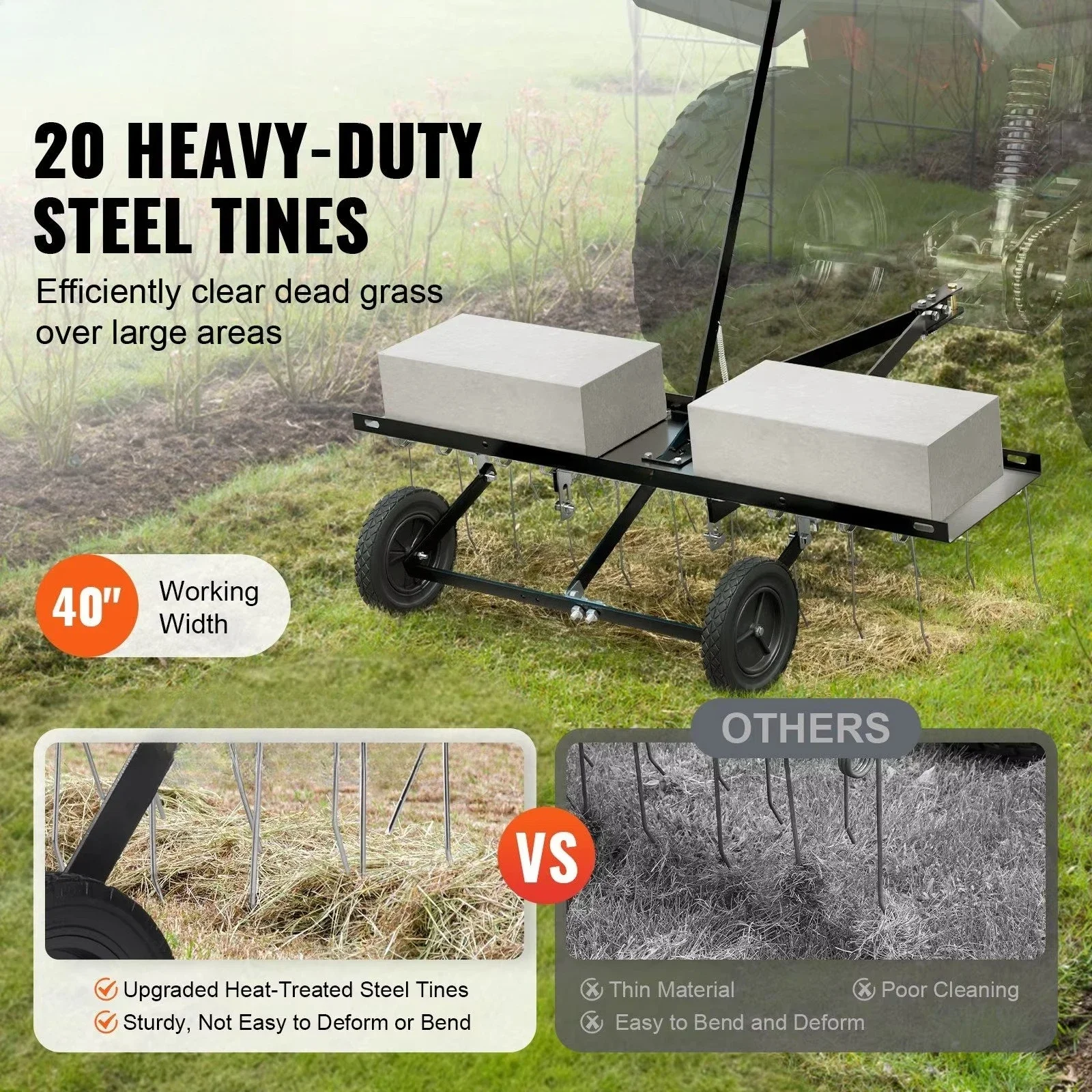 40 Trailer with 20 Spring Steel Teeth Mower Lawn Rake Lift Handle Garden Farm Lawn Rake for Lawn Maintenance