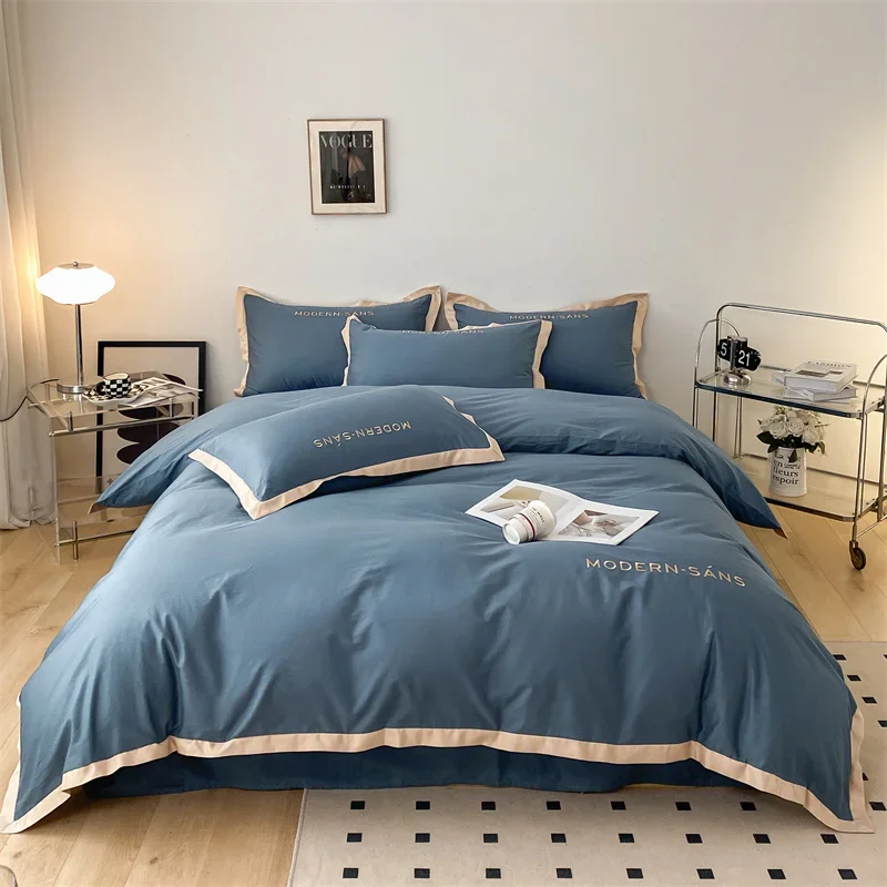 High Quality 100% Cotton Bedding Set with Embroidered Duvet Cover Pillowcases and Sheets Solid Color Single Double Bed Linen Set