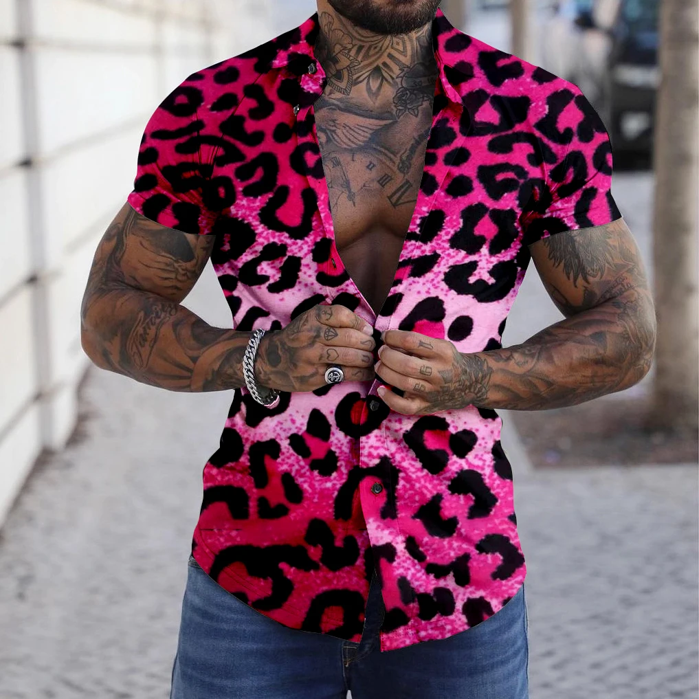 Summer Men Luxury Leopard Print Shirt Vintage Tops Tees Casual Stylish Blouse Trun Down Collar Clothing Male Beach Style Outfit