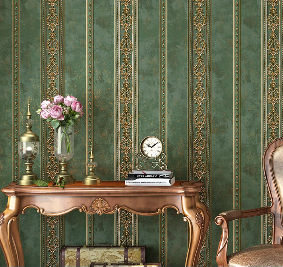 3D three-dimensional vertical stripes wallpaper non-woven retro American bedroom living room background wall blue green