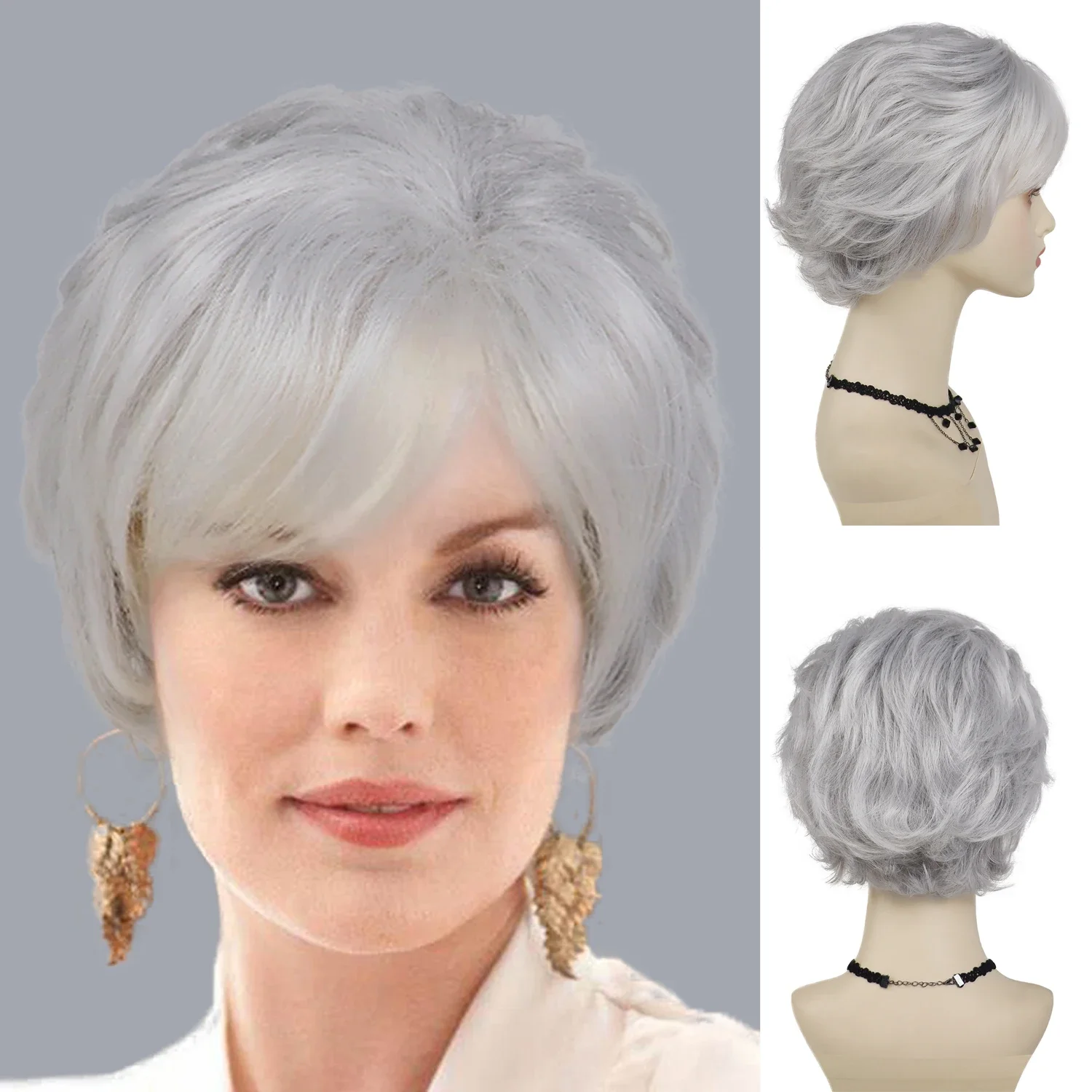 Synthetic Hair Silver Grey Curly Wigs for Women Heat Resistant Natural Grandma Wig with Bangs Short Wigs for Mother Daily Party