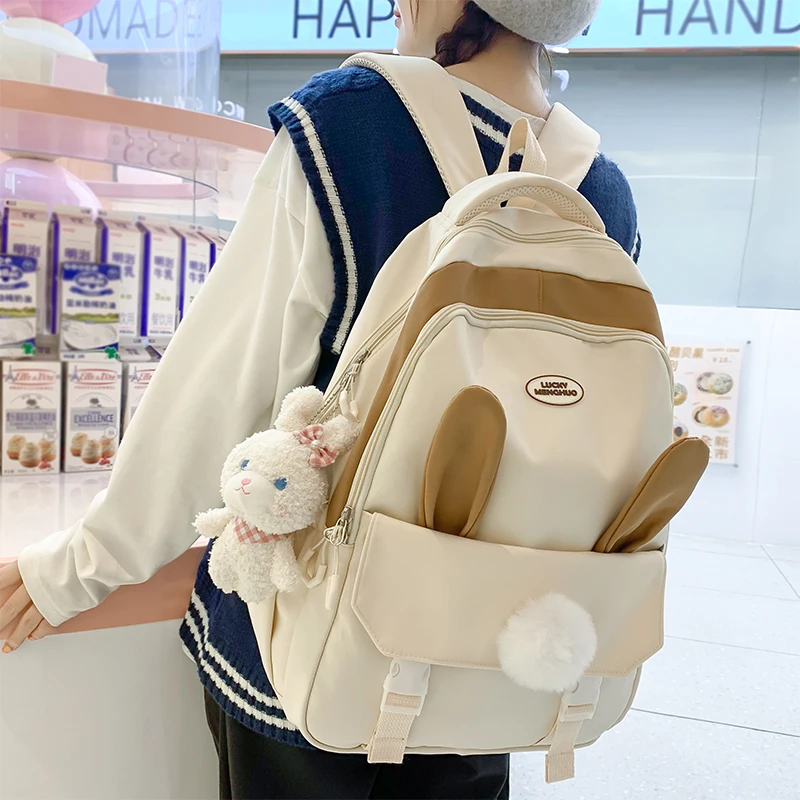 Cute Rabbit Young Girl School Backpack Female Large Capacity Kawaii Back Pack Mochila Pink Women Bagpack Nylon Cartoon Schoolbag