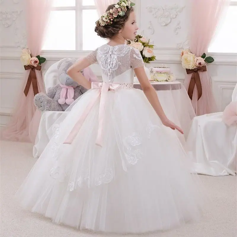 

Flower Girl Dress Lace Tiered Tulle O Neck Long Sleeve Girls First Communion Dress for Ceremony Birthday Gown