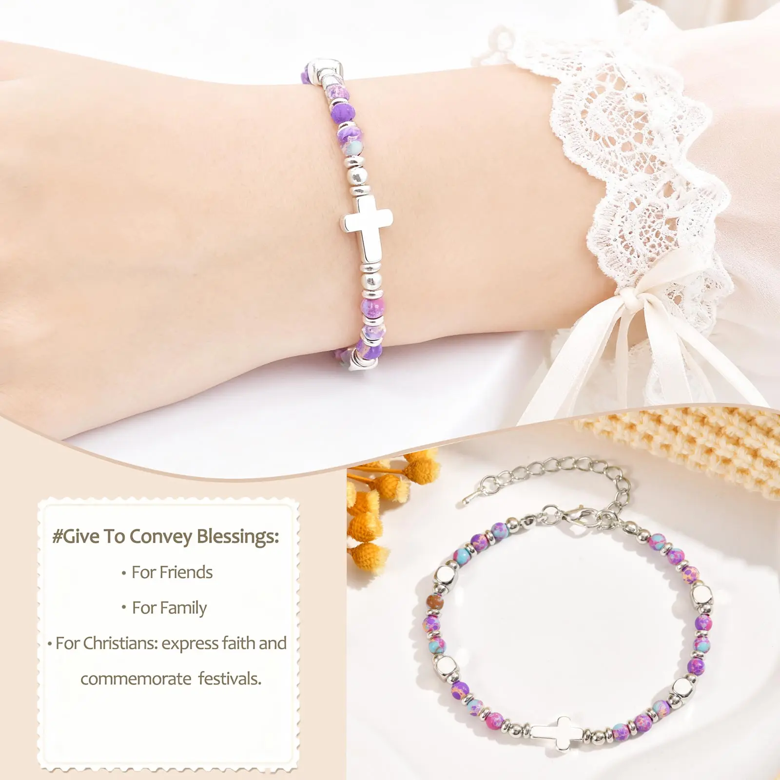 Religious Cross Pink Crystal Natural Stone Beads Chain Bracelet for Women Christian Faith Jewelry Easter Baptism Gift