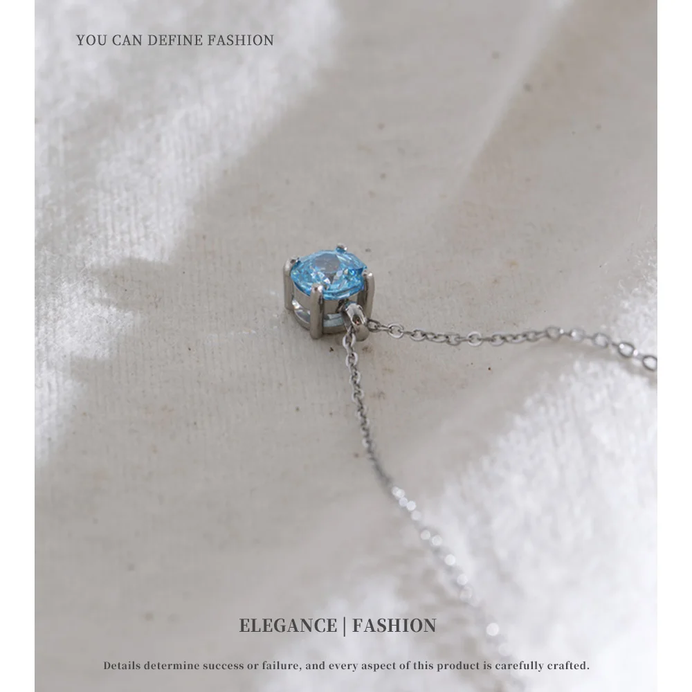 NiNice Stainless Steel Cutting Blue Zirconia Round Pendant Necklace Delicate Aesthetic Fantasy Jewelry for Women
