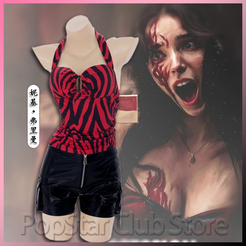Costume de cosplay Nikki de Movie Obsession, haut à col licou et short à imprimé zèbre rouge, ensemble deux pièces, costume de fête cosplay pour adulte, Halloween