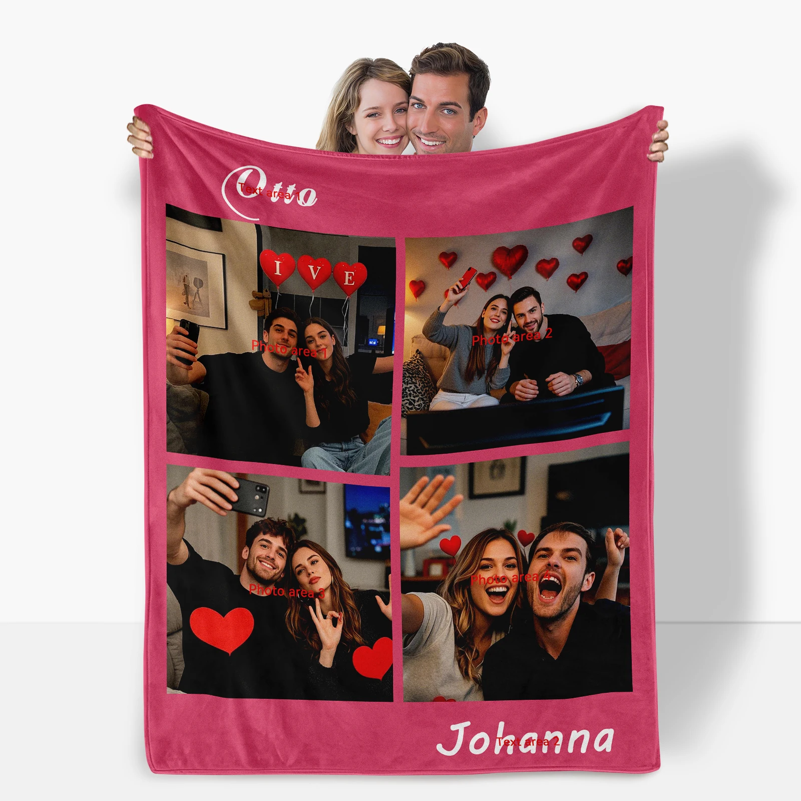 Valentine's Day Special Flannel Blanket. Customized with 4 Pictures and 2 Phrases for Couples' Romance.