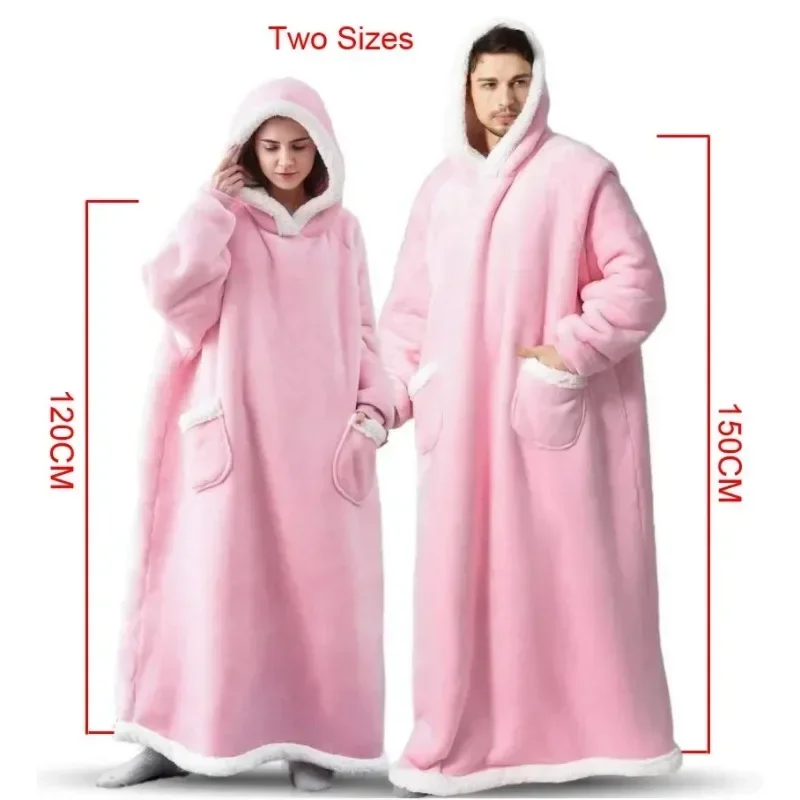 2024 Winter Extra Long Sleeve Flannel Blanket Hoodie Sweatshirt Giant Wool Pullover Oversized TV Blanket