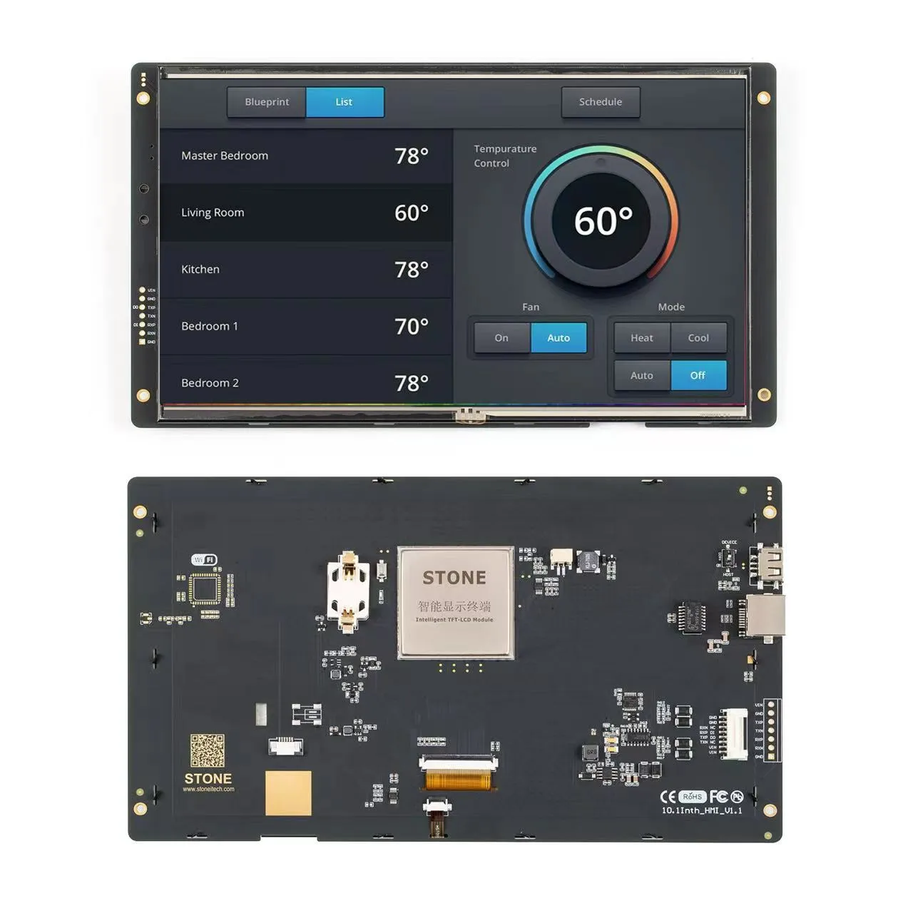 

Stone 10.1 TFT Driver HMI GUI project via the free STONE GUI software, the easy Drag-and-Drop components and Simple JSON code