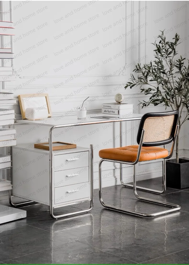 

Bauhaus Stainless Steel Desk Compact Tubular Steel MDF with Drawer Compute Desk Office Desk