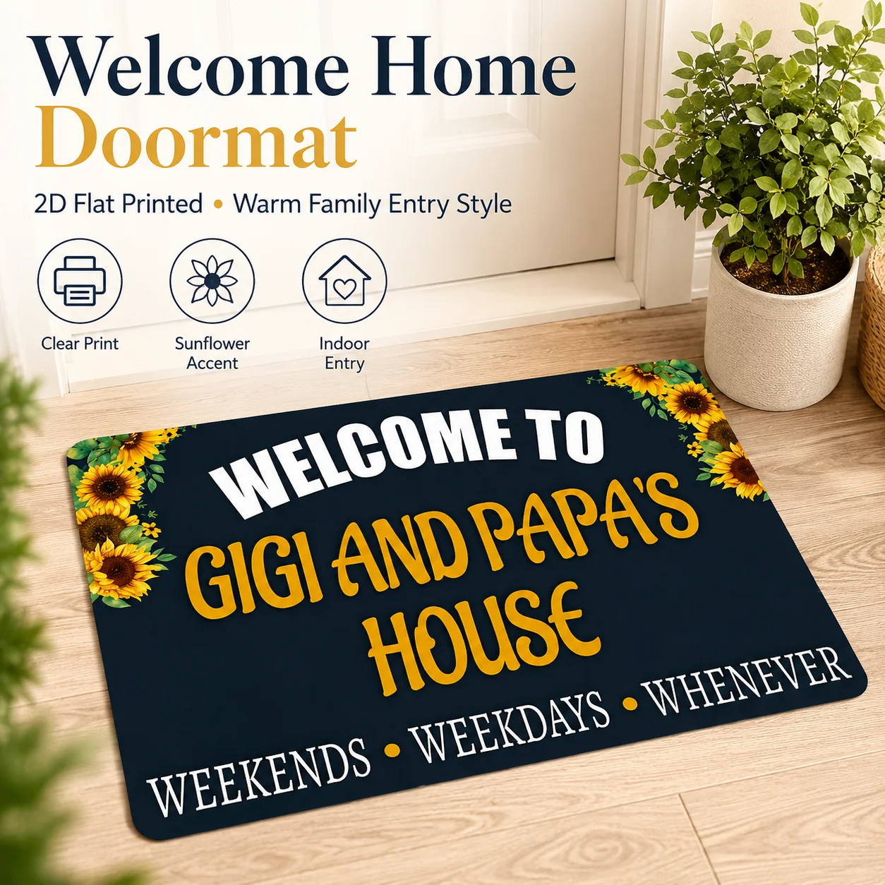 

Sunflower Welcome Doormat 2D Flat Printed Felt Floor Mat Floral Entryway Rug Non-Slip Indoor Porch Washable Home Decor Carpet