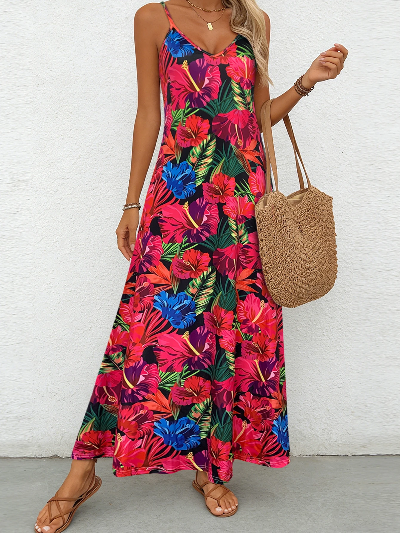 Damen-Maxikleid mit tropischem Hibiskus-Blumenmuster, Spaghettiträgern, V-Ausschnitt, locker fallendes Sommerkleid, Strandkleid für den Alltag